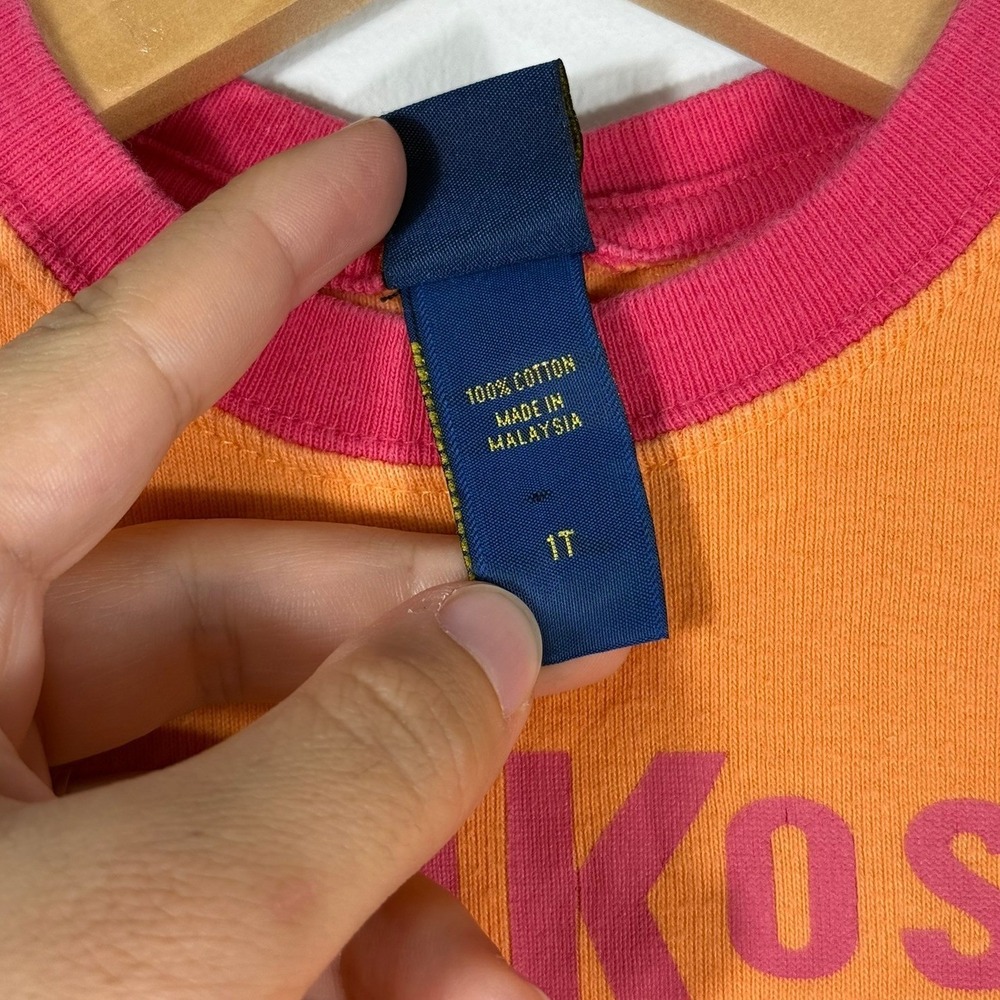 Vintage OshKosh B'gosh Toddler Girls Orange Pink Ringer Logo T-Shirt 1T - Picture 4 of 9